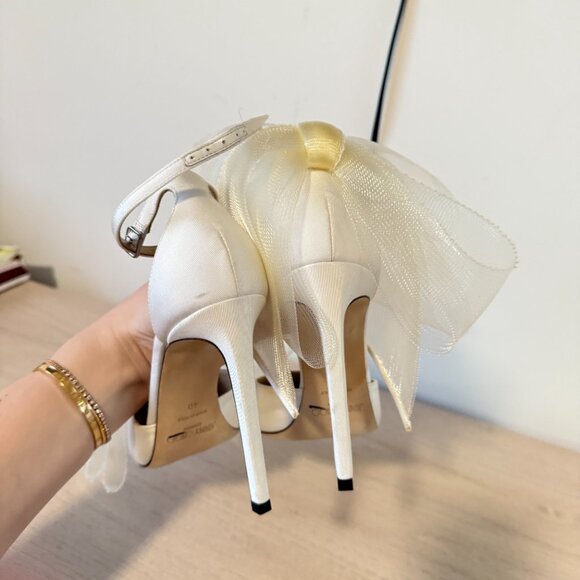 Jimmy Choo Averly 100 Satin Pumps Bow Mesh Detail Ankle Strap Stiletto Heels - Picture 10 of 13